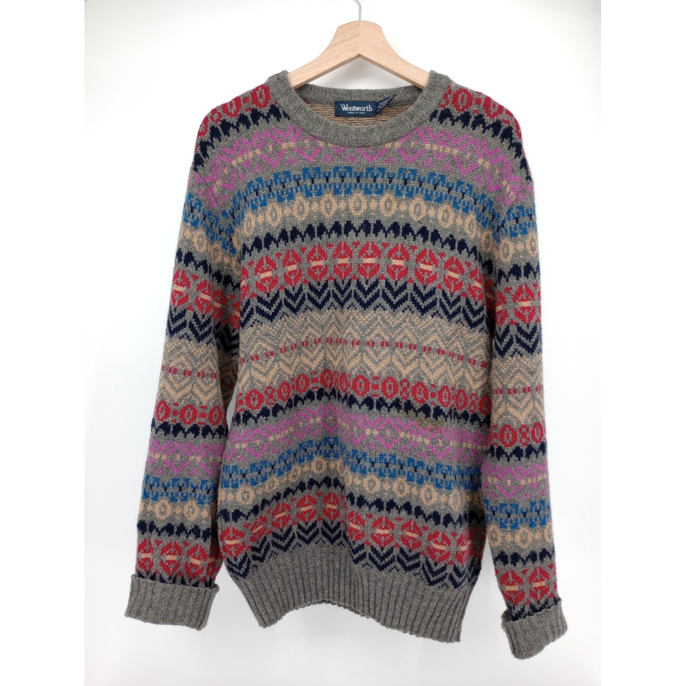 Wentworth Sweater Mens M Gray Fair Isle Wool Blend Made in Italy Vintage